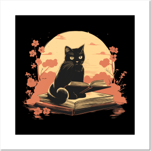 Japanese Floral Black Cat And Book Catshirt Posters and Art